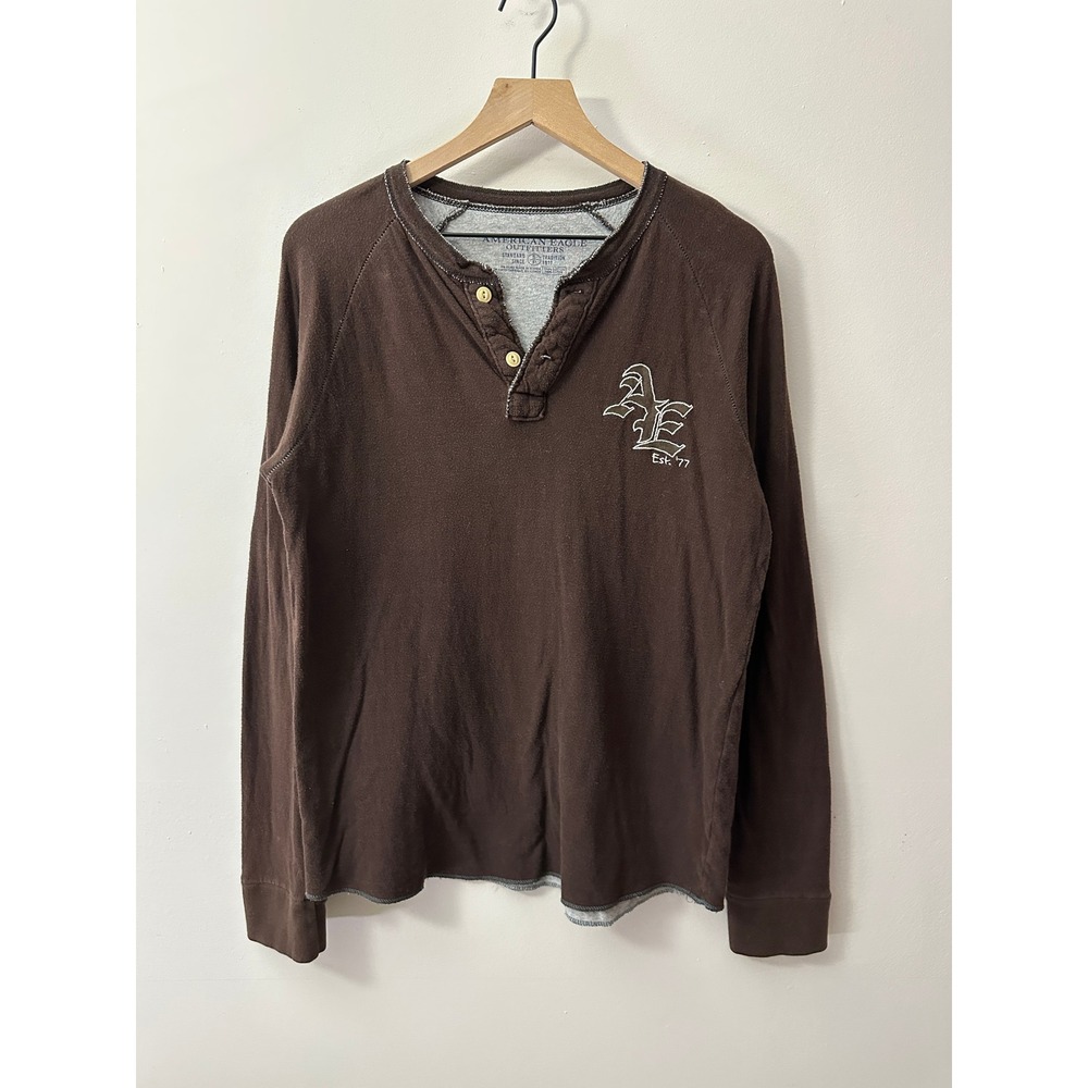 American Eagle Henley Small Brown Long Sleeve Logo Gorpcore Y2K Aesthetic